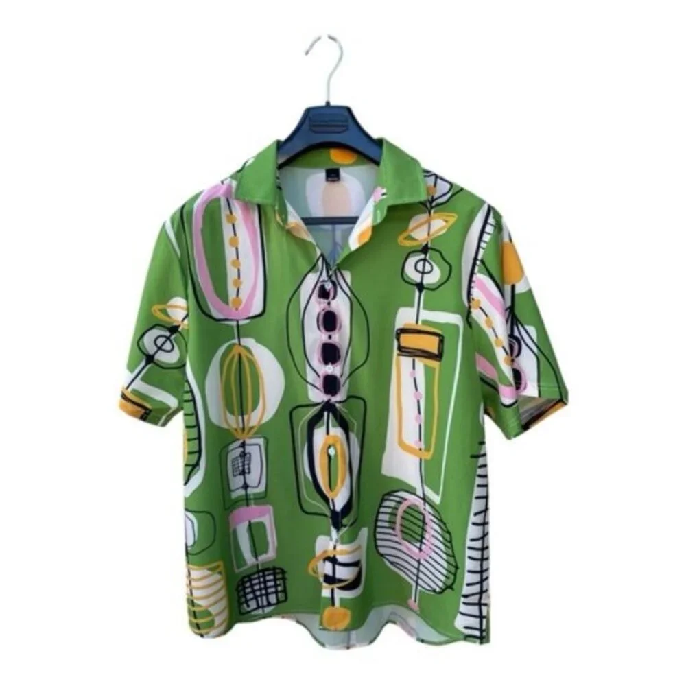 Green Retro Print Men's Hawaiian Style Shirt - Size 3XL